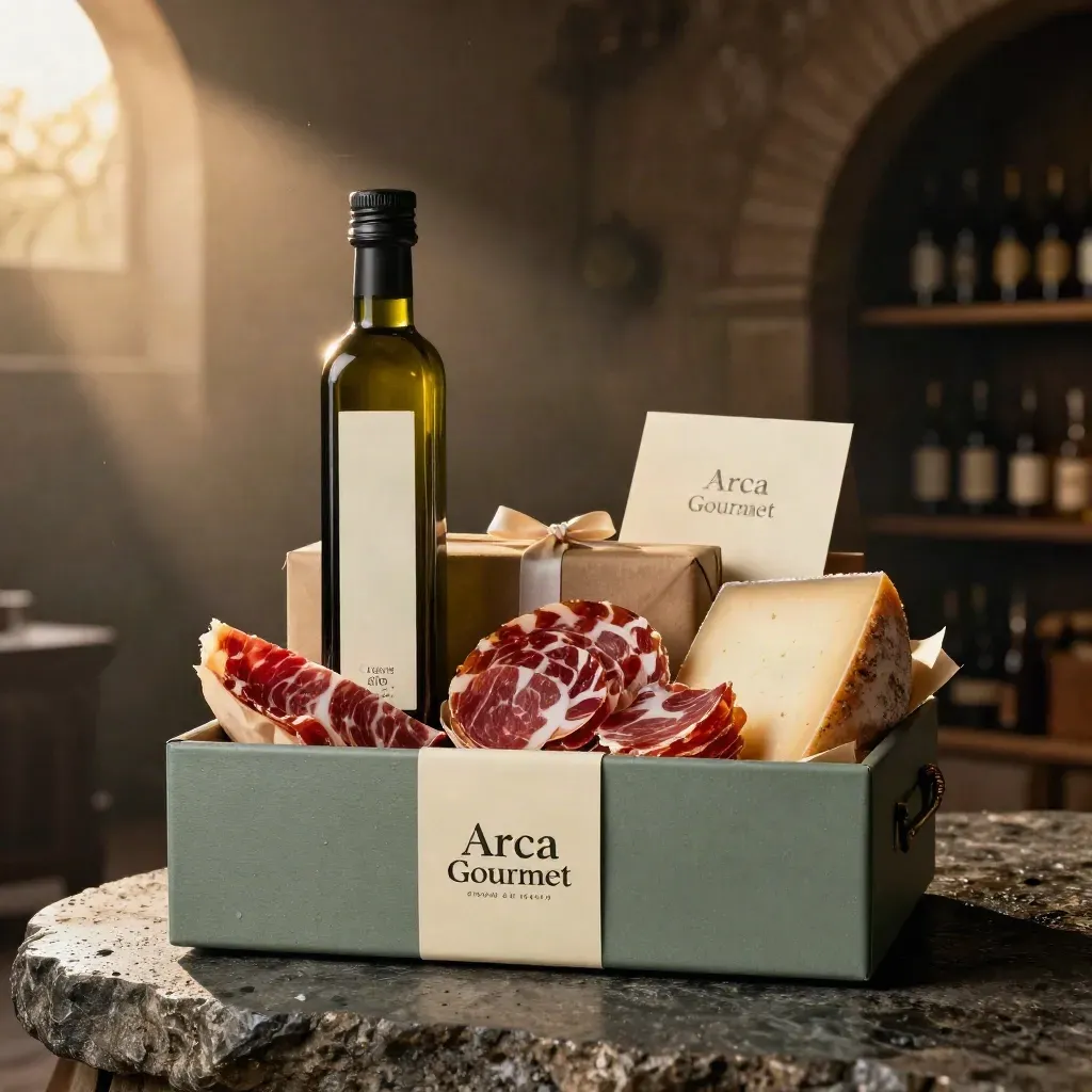 Lote ibérico gourmet con aceite, jamón, lomo, queso curado y caja de regalo en luz dorada.