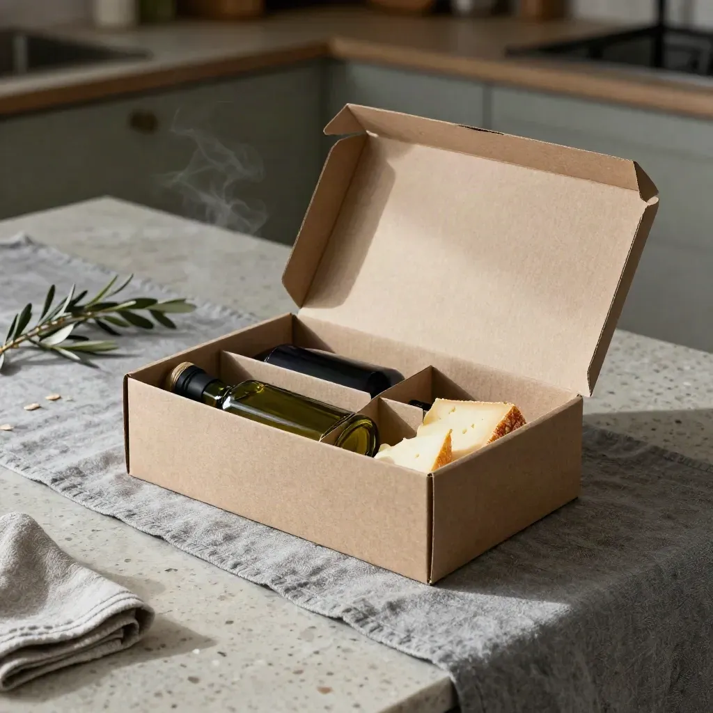 Caja degustación gourmet con aceite, vino y queso sobre lino y luz cálida.