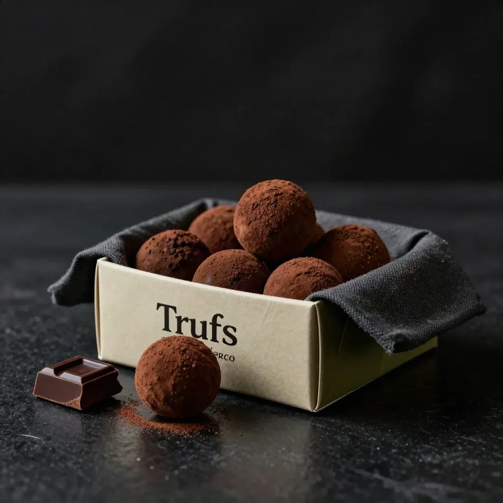 Trufas de chocolate negro en caja abierta sobre tela oscura, con una pieza rota al frente.