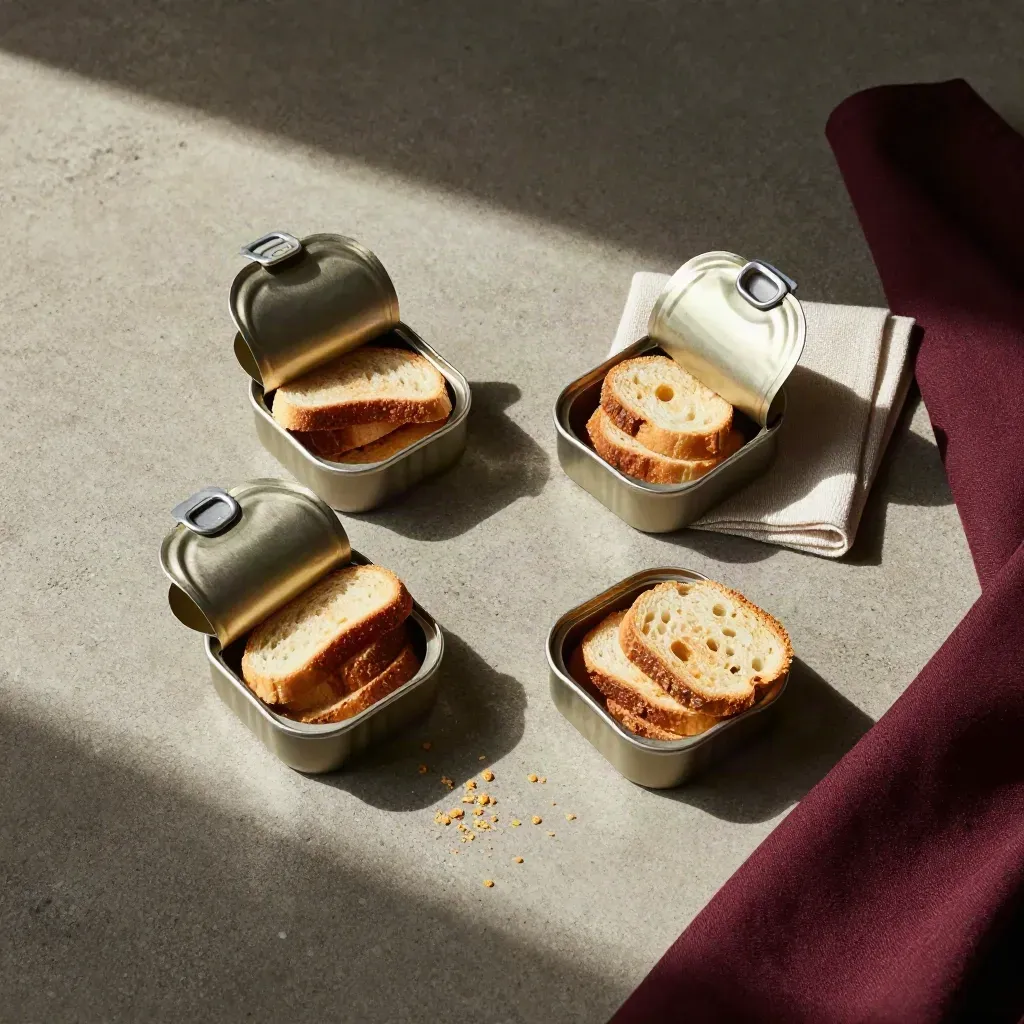 Vista cenital de un lote de tapas con cuatro latas, tostadas y servilletas sobre piedra