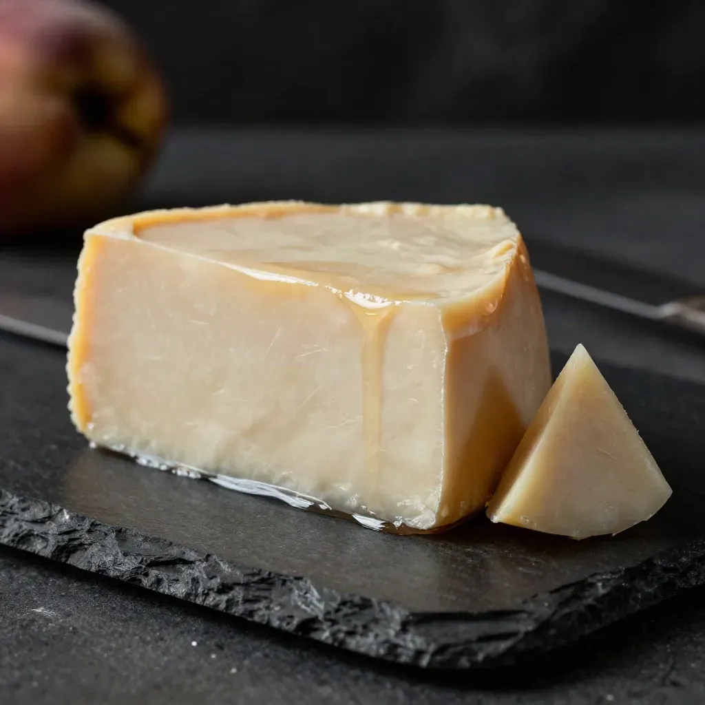 Membrillo brillante con corte limpio y un pequeño trozo de queso, sobre fondo oscuro.