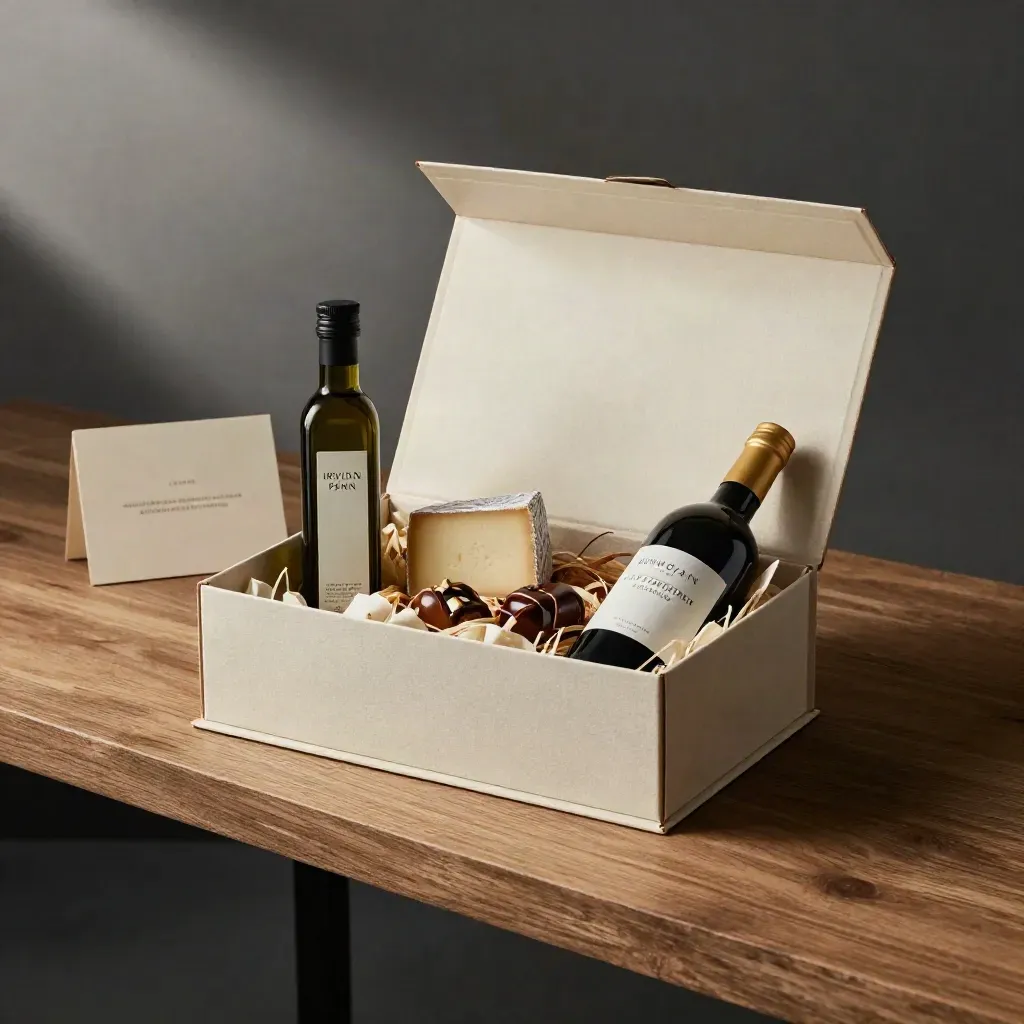Caja regalo gourmet abierta con aceite, queso, vino y dulces sobre un banco de embalaje