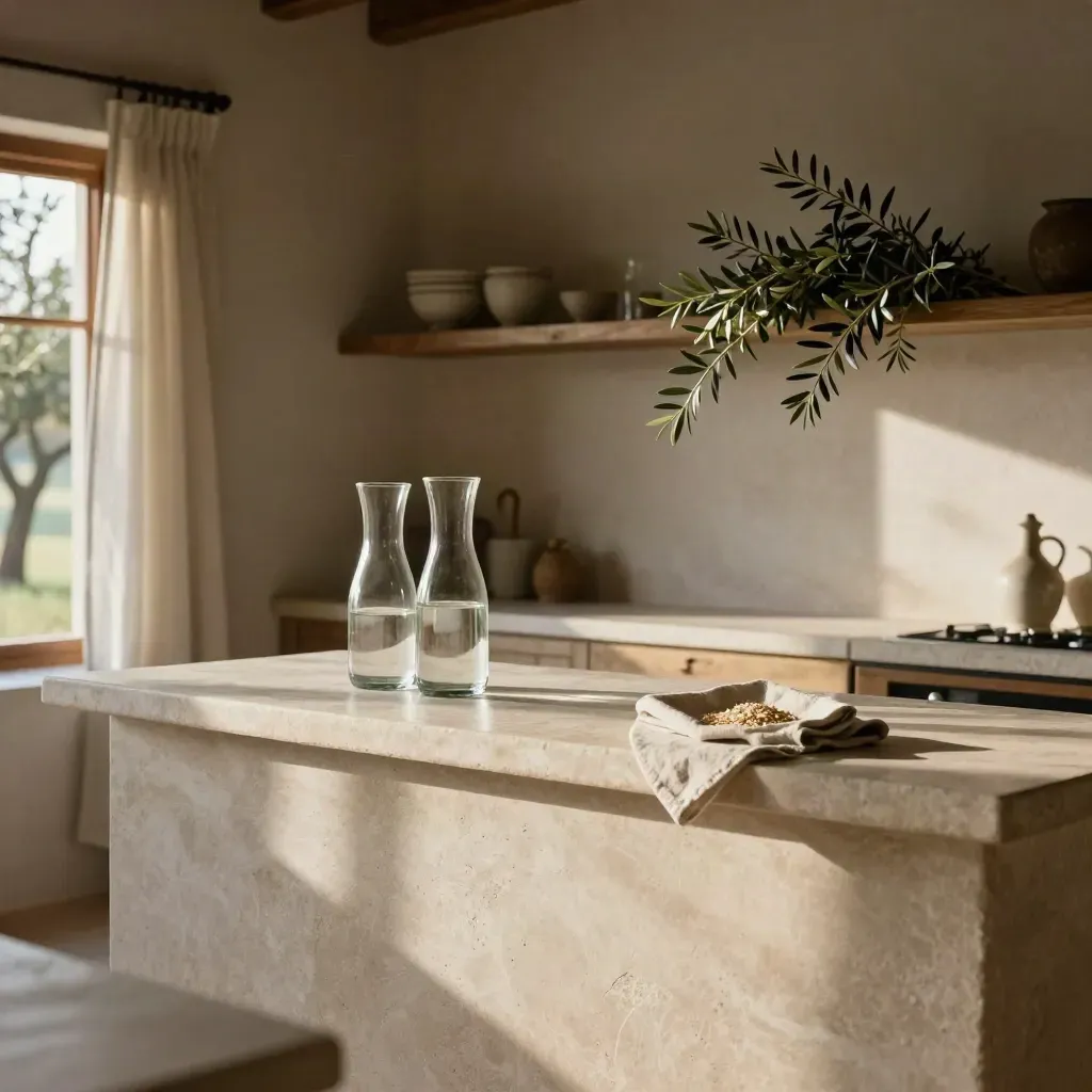 Interior cálido de prensa de aceitunas con carafas, ramas de olivo y encimera clara iluminada por sol.