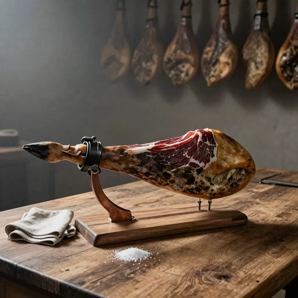 Mesa de preparación de jamón ibérico en madera de roble, con ganchos de cobre y luz suave